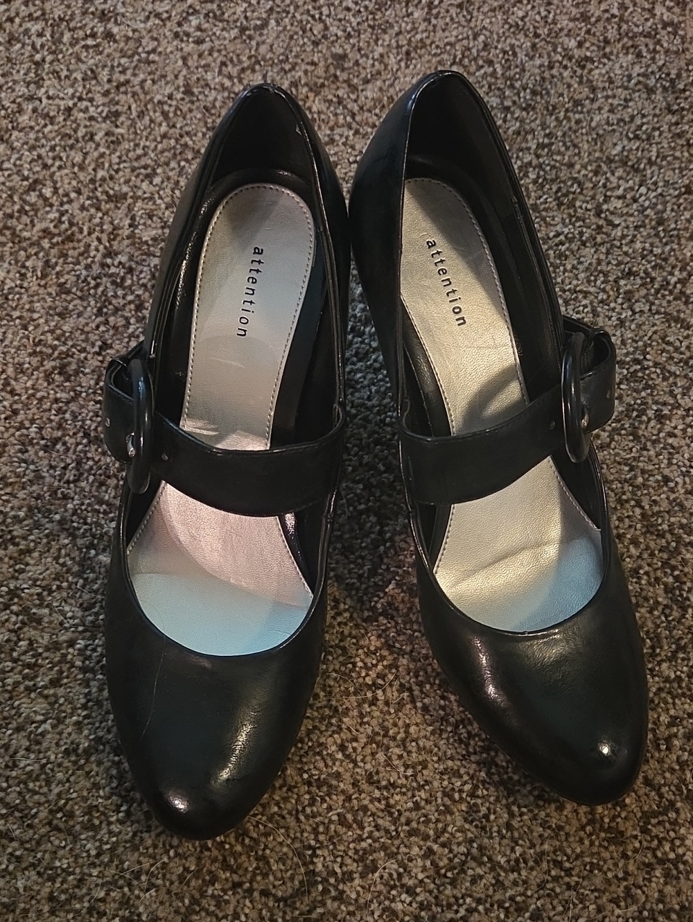 attention Black Mary Jane Heels with Buckle Strap Man-made Material Size 9 1/2